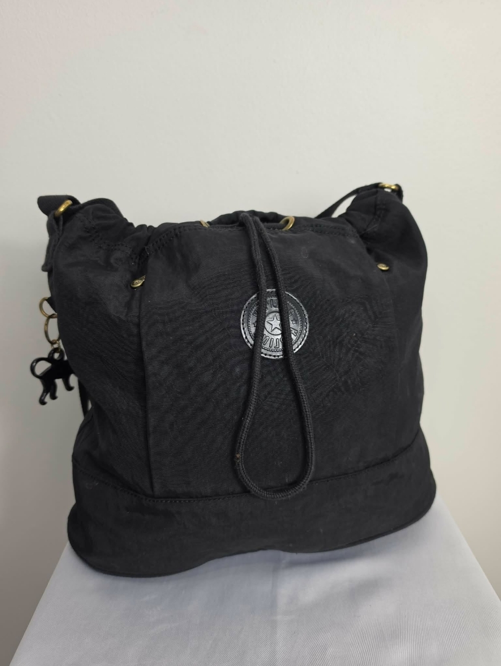 Kipling Black Drawstring Hobo Crossbody Bag with Monkey Charm Unisex
